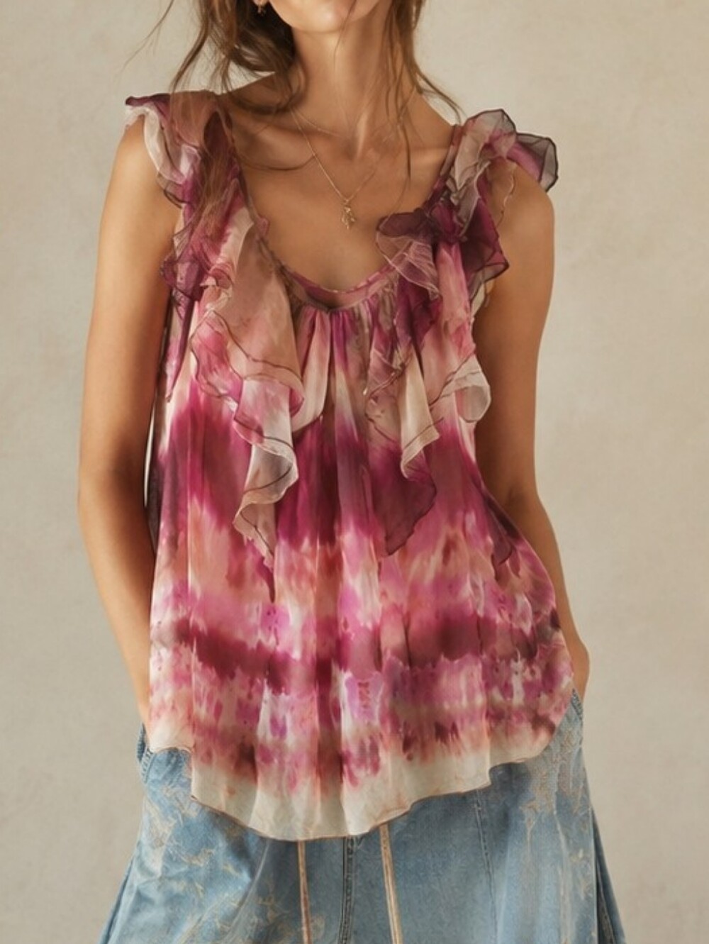 Blue Tassel Collection 100% Silk Boho Feminine Balletcore Ruffle Top Size M